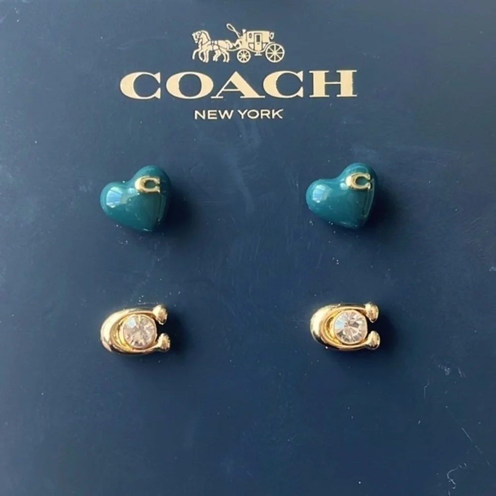 Brand New Coach Set of Two Post Earrings Heart Gold Tone Signature “C”